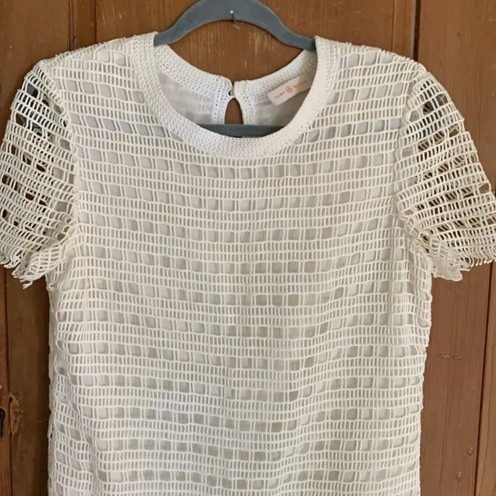 Tory Burch white crocheted short sleeve shift dress